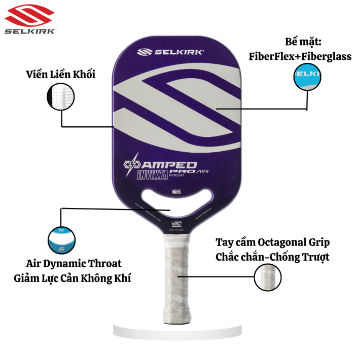 Vợt Pickleball Selkirk Amped Pro Air Invikta Purple, Sức Mạnh, Kiểm Soát & Xoáy Vượt Trội
