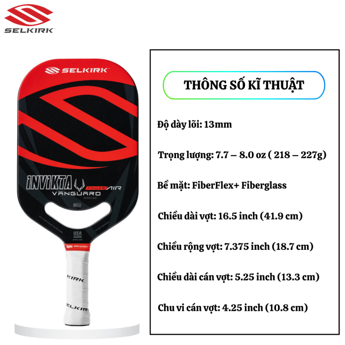 Vợt Pickleball Selkirk Power Air Invikta 13mm Red, Vợt Pickleball Chuyên Nghiệp, Tốc Độ Vượt Trội, Tấn Công Áp Đảo