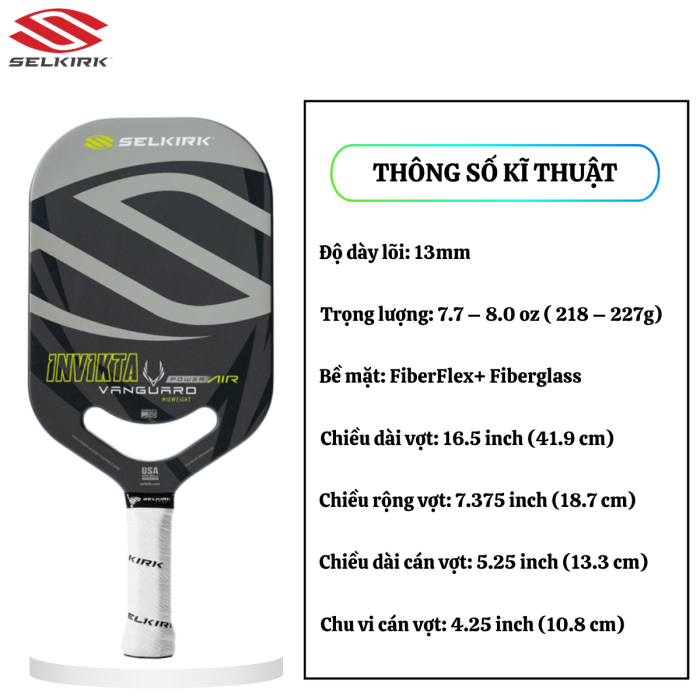 Vợt Pickleball Selkirk Power Air Invikta 13mm Shadow Gray, Sức Mạnh & Xoáy Bùng Nổ
