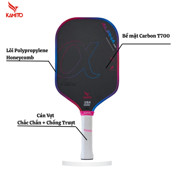 Vợt Pickleball Kamito Alpha 16mm, Carbon T700 Cao Cấp, Cân Bằng Sức Mạnh, Kiểm Soát Tối Ưu