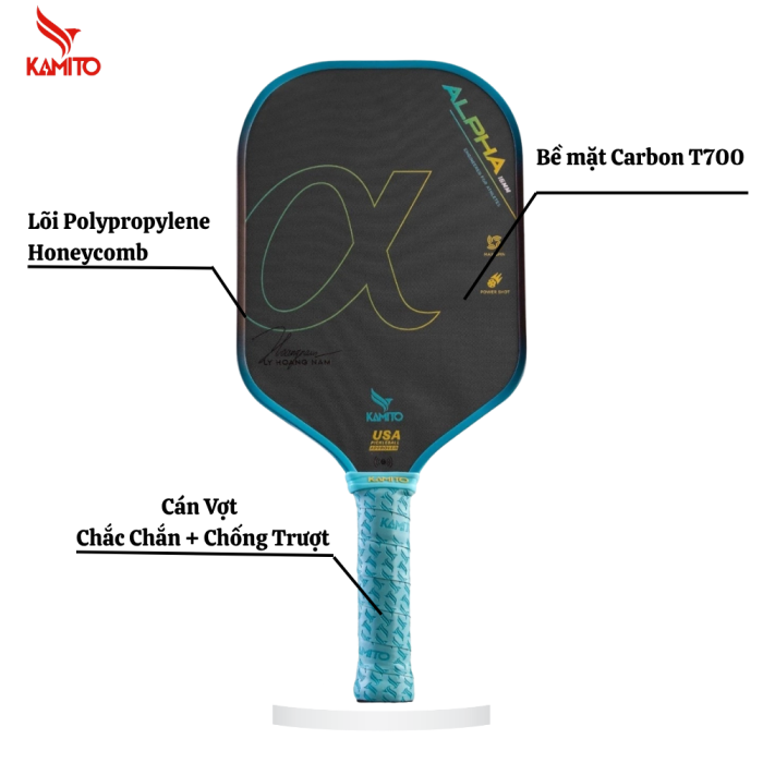 Vợt Pickleball Kamito Alpha 16mm jade green, Carbon T700 Cao Cấp, Cân Bằng Sức Mạnh, Kiểm Soát Tối Ưu