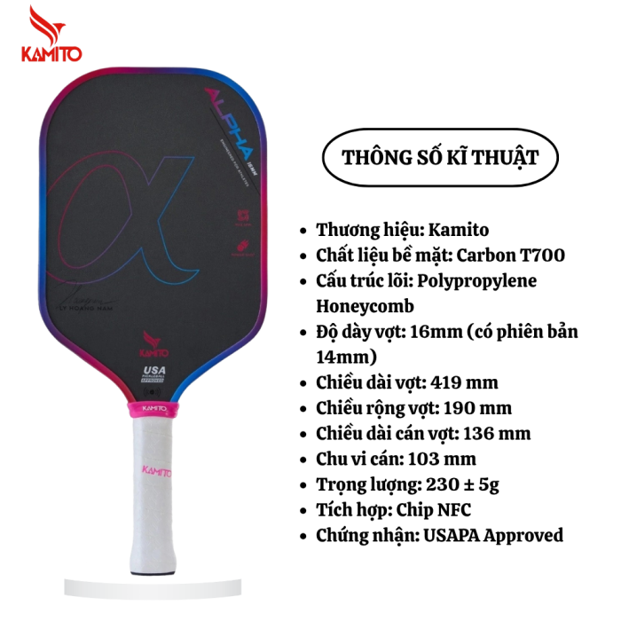 Vợt Pickleball Kamito Alpha 16mm, Carbon T700 Cao Cấp, Cân Bằng Sức Mạnh, Kiểm Soát Tối Ưu